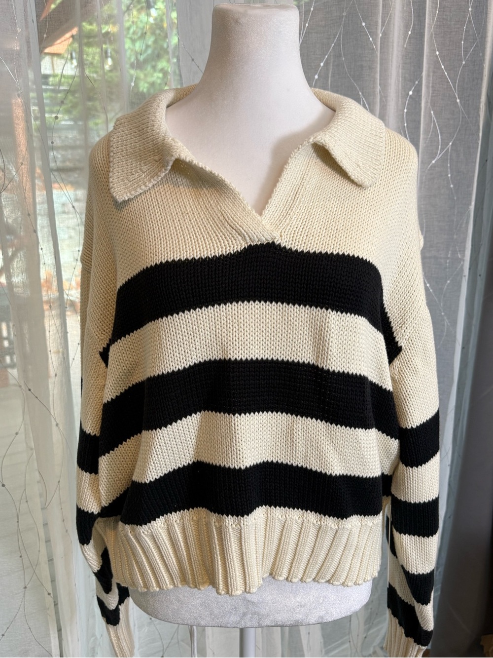 NWT Calypso St Barth 100% Organic Cropped Polo Sweater Cream Black Sz L